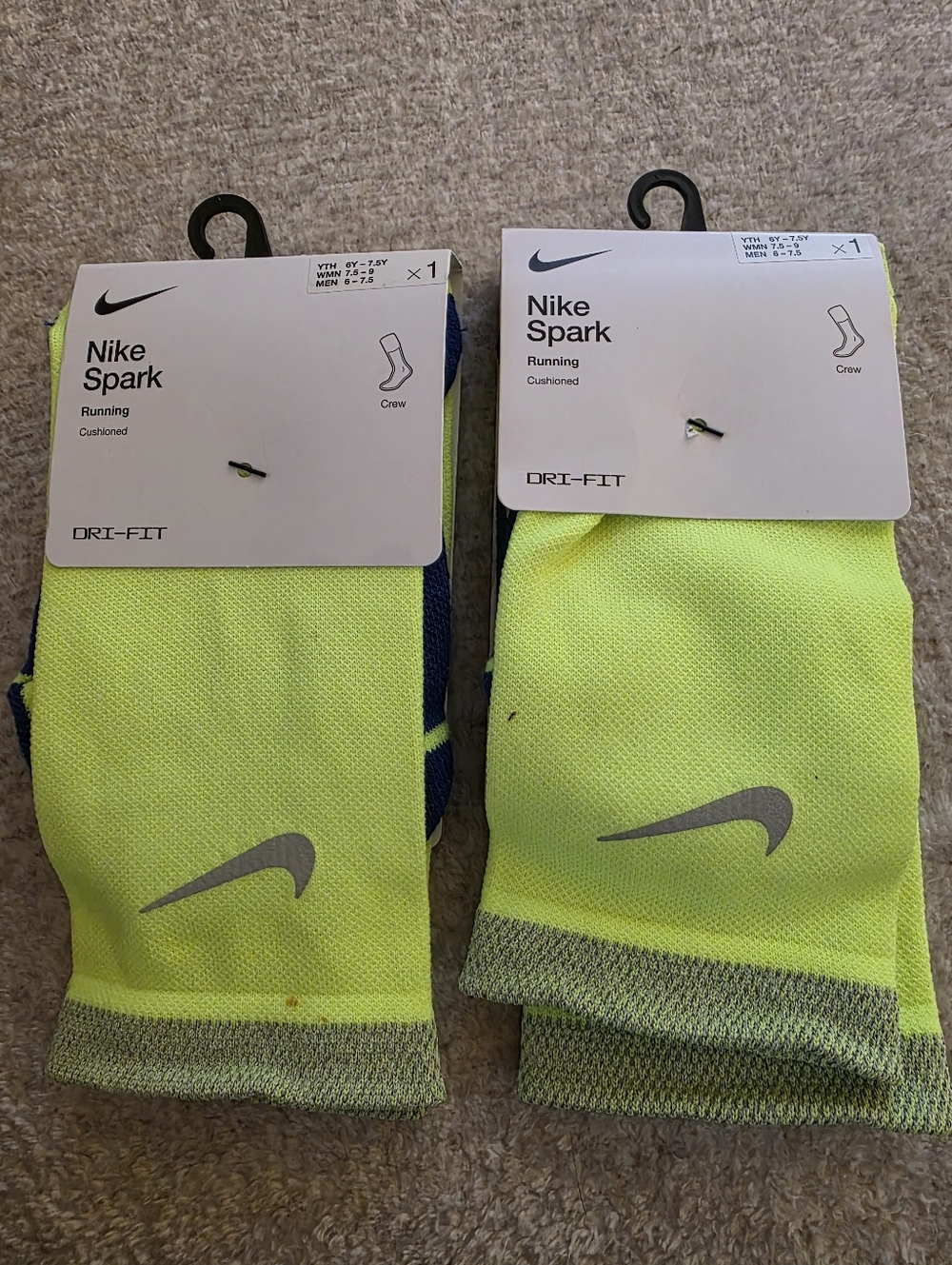 Nike Bundle Of 2 Pair Spark Cushioned Dri-fit Running Crew Socks In Volt Yellow